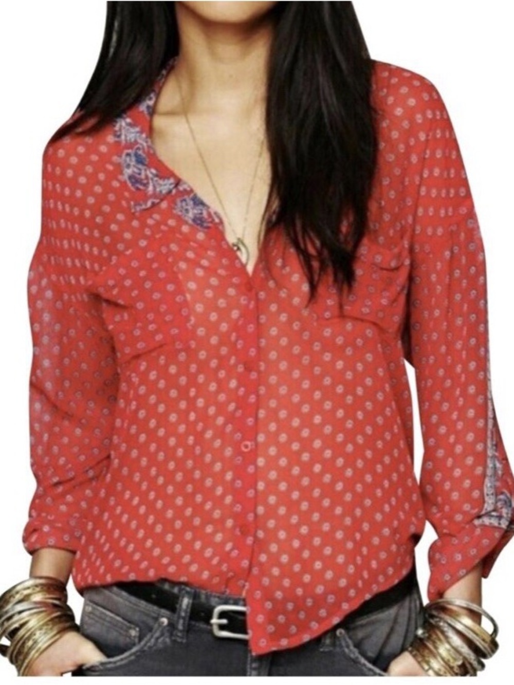 Free People Hi-Low Red Blue Multi-Color Paisley Sheer Top Sz S